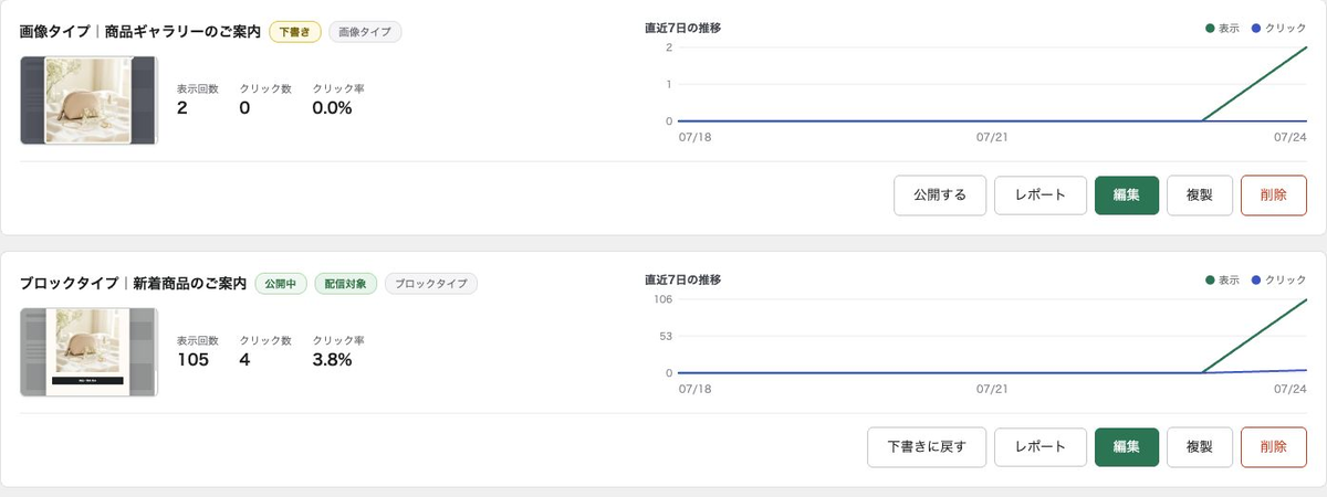 ポップアップごとのプレビュー、計測値、グラフ、操作ボタン