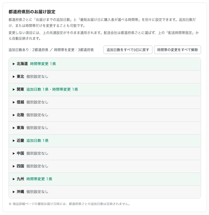都道府県別のお届け設定